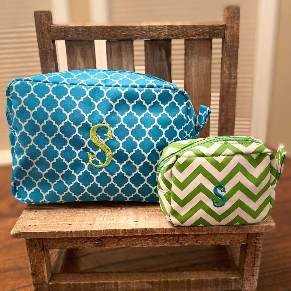 Monogram "S" Cosmetic Bags Set of 2, Blue & Green "S" Cosmetic Bags, Makeup Bags